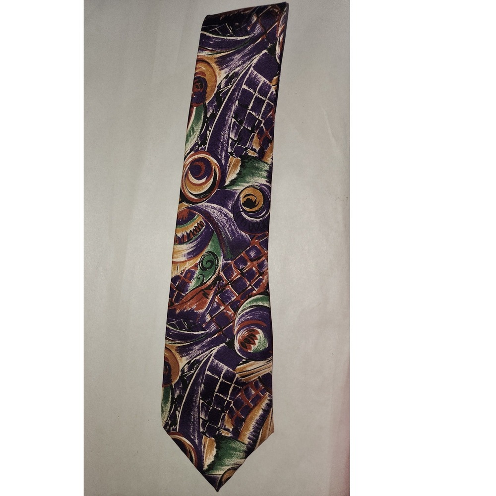Royal Knight Mens Silk Necktie Purple Green Gold Abstract Geometric Swirl Tie